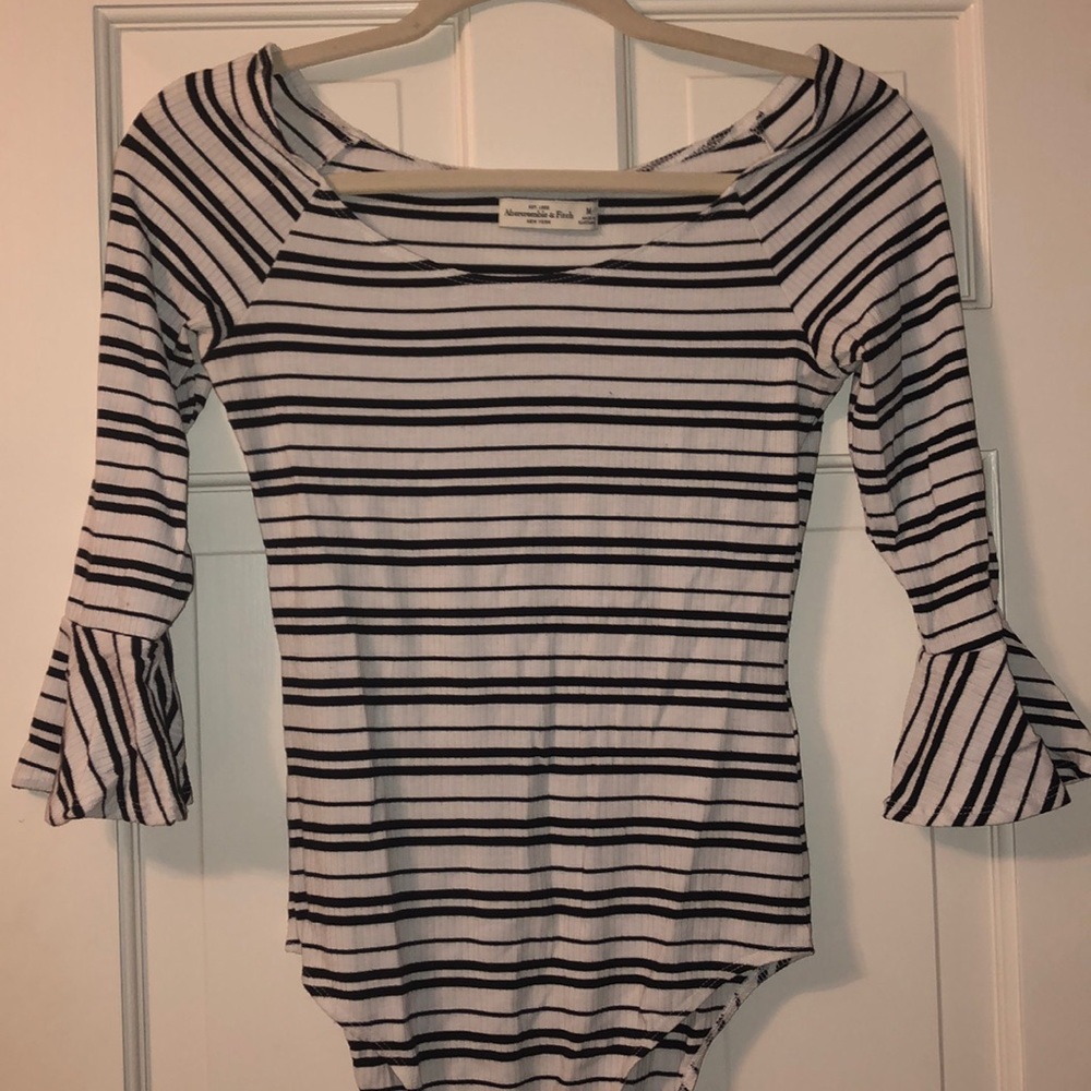 Quarter sleeved black and white striped bodysuit